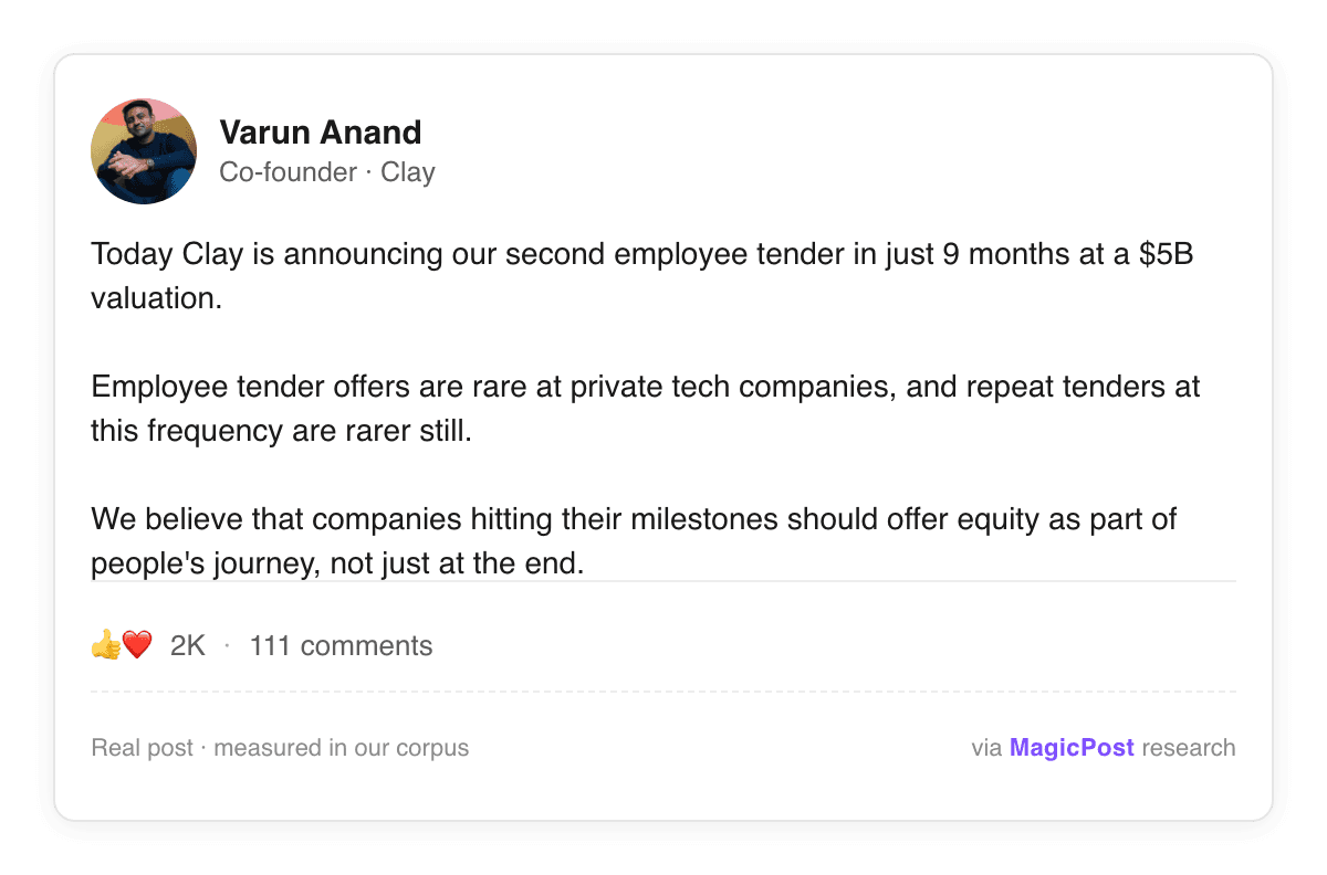Varun Anand, cofundador de Clay, en un post de LinkedIn anunciando una segunda liquidez para empleados con una valoración de 5.000 millones de dólares