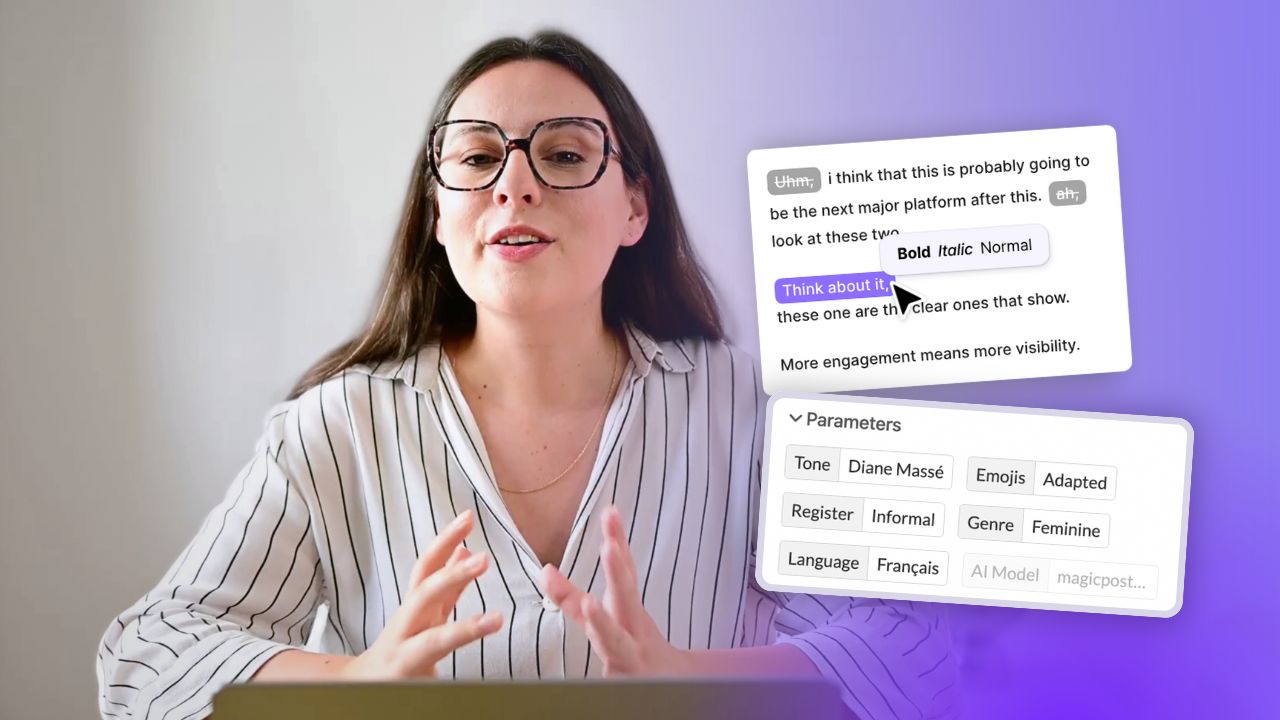 Diane devant l'éditeur : barre gras / italique sur une sélection, tics de langage barrés, et le panneau Paramètres avec ton, emojis, registre, langue et modèle d'IA.