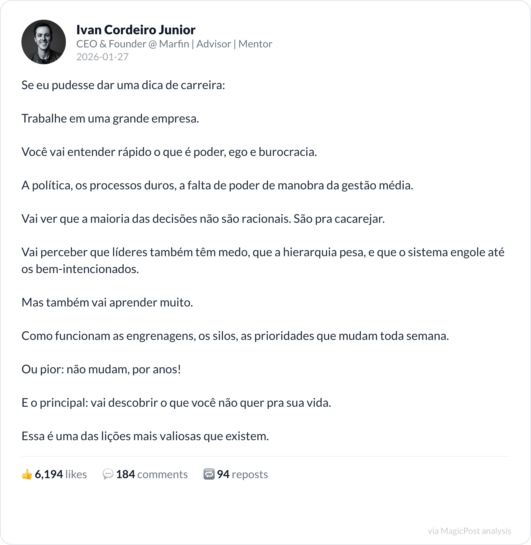 Ivan Cordeiro Junior on big-company career advice