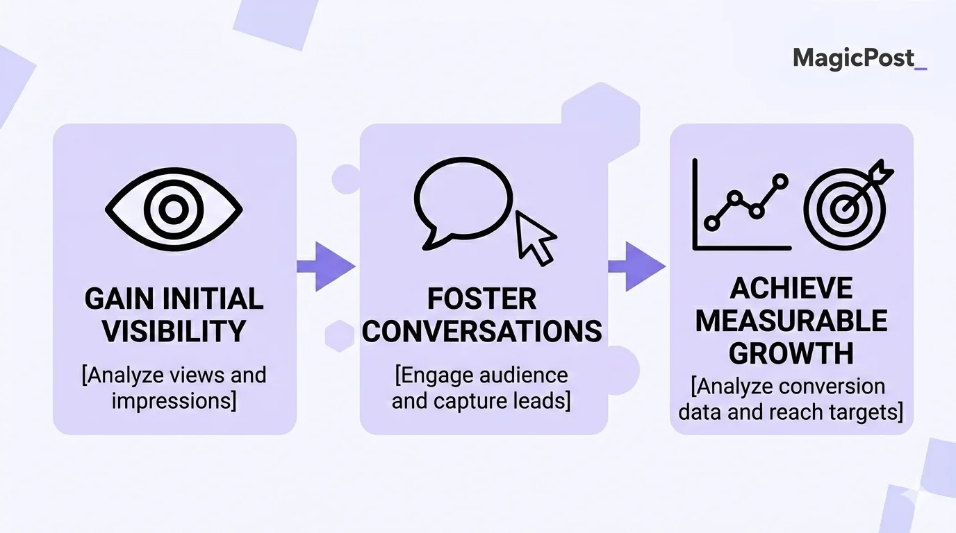 Three-step framework for measuring LinkedIn content performance: gain initial visibility, foster conversations, and achieve measurable growth