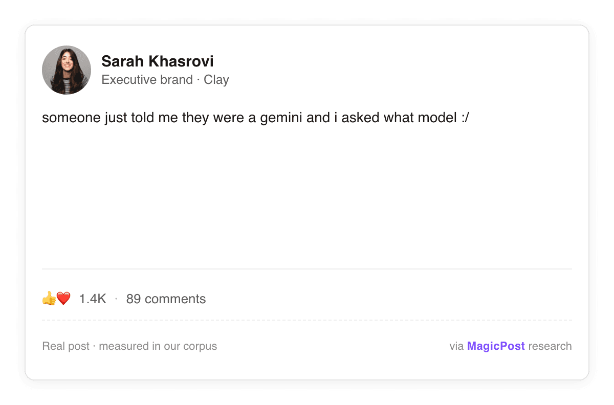 Sarah Khasrovi, Clay, in a short, personality-driven LinkedIn post