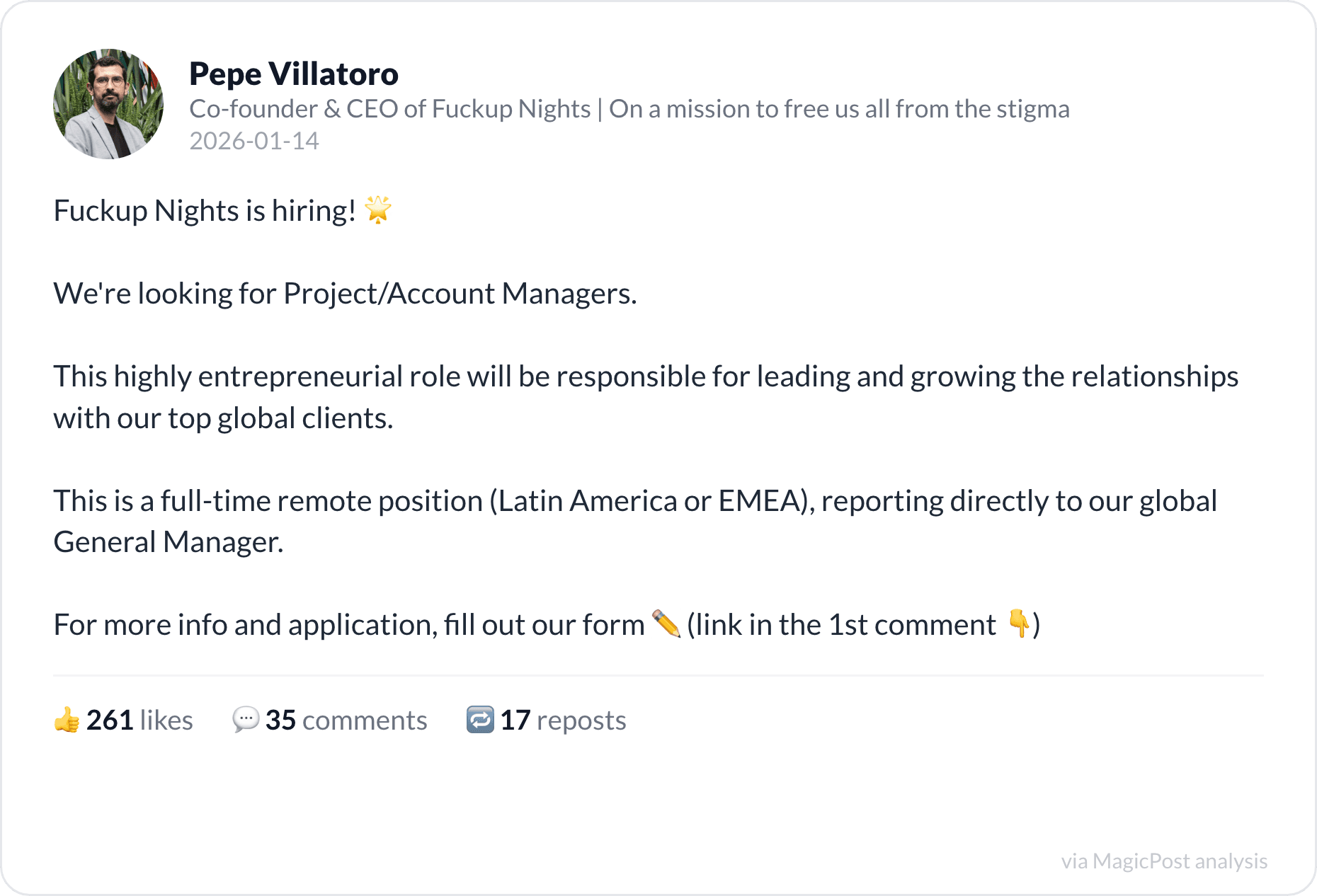 Pepe Villatoro on hiring at Fuckup Nights