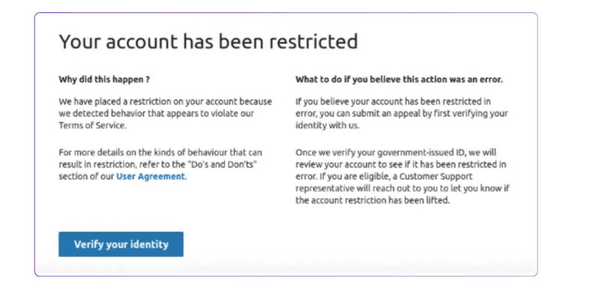 A screenshot of LinkedIn's account restriction notice, urging the user to verify their identity