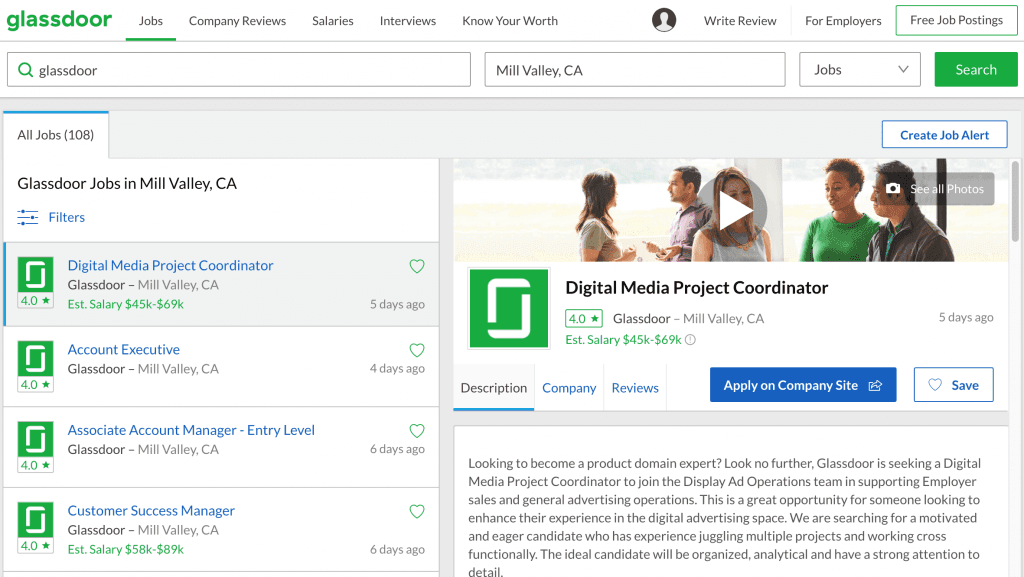 A screenshot of Glassdoor's job application page