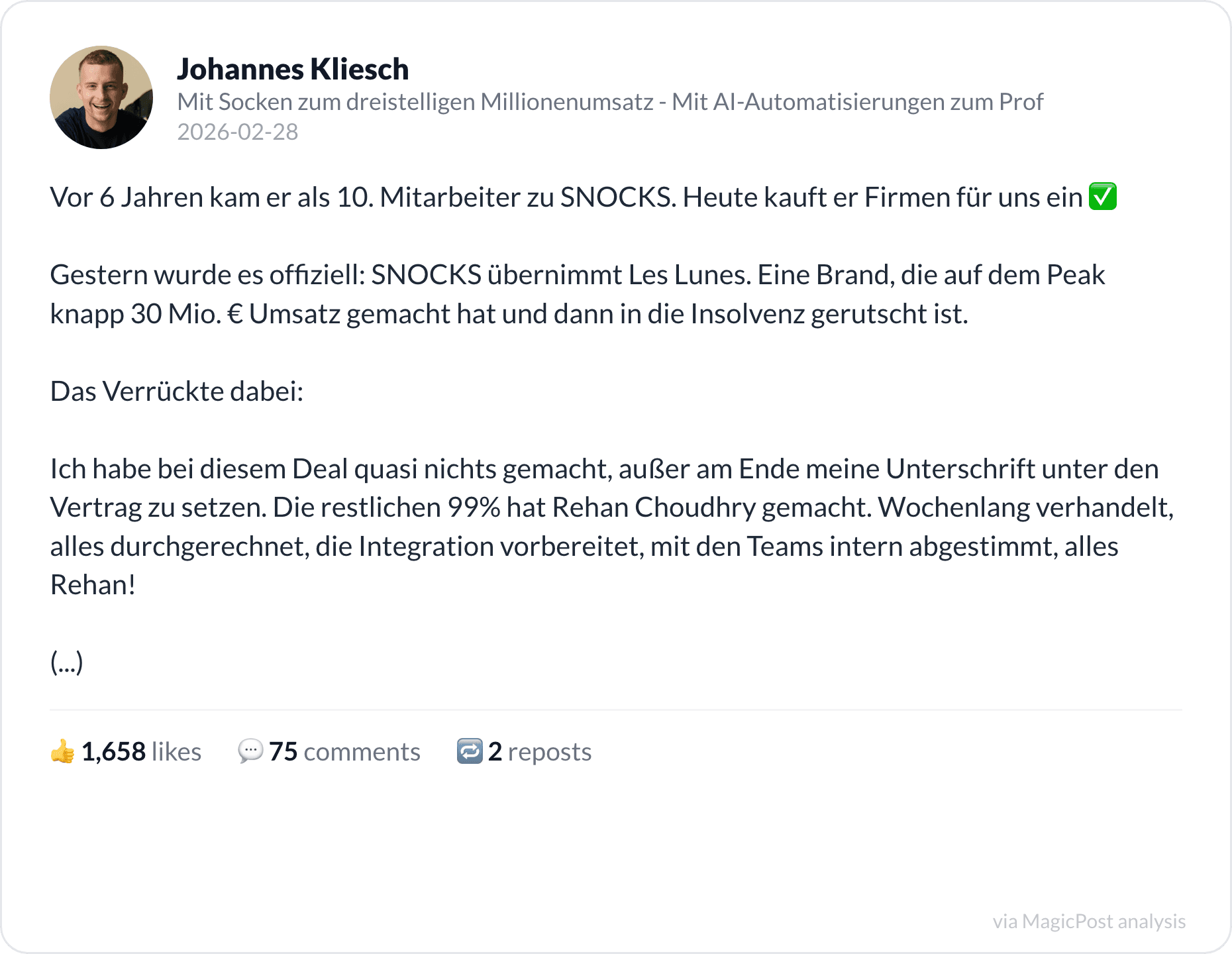 Johannes Kliesch's top 2026 post: the co-CEO who now buys companies