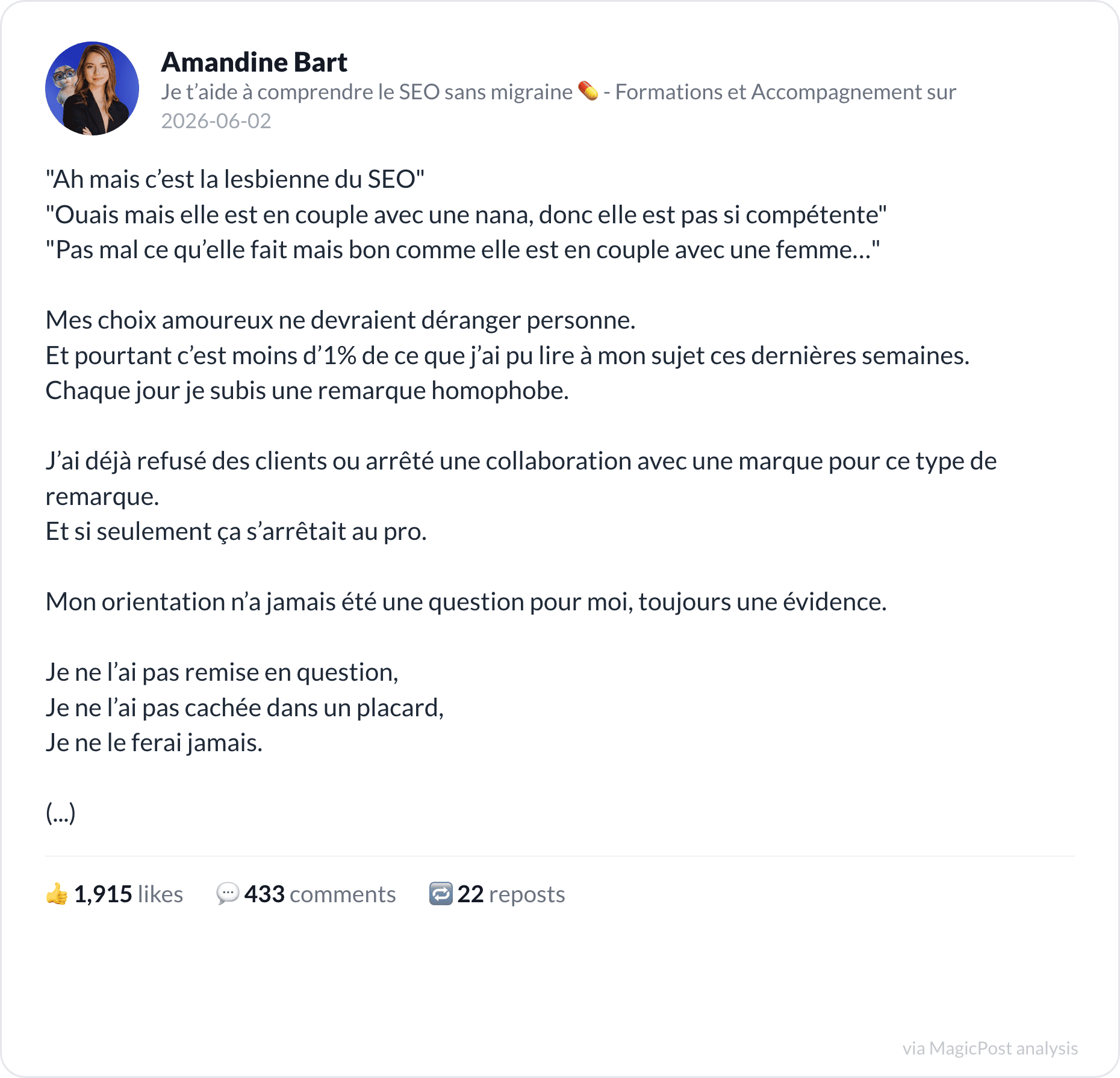 Amandine Bart's top 2026 post: the homophobic remarks she faces