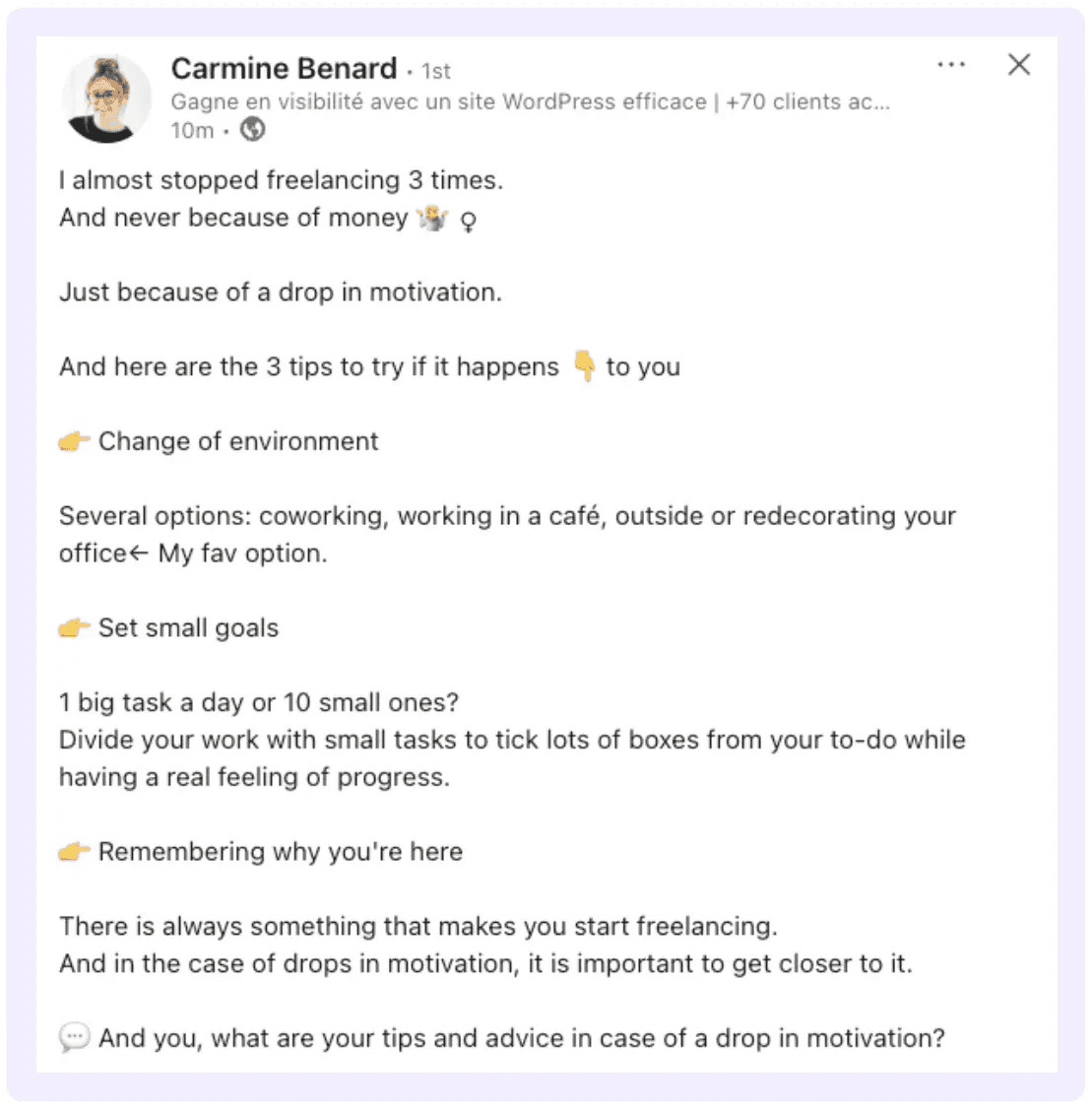 Example of a short post with few characters but with good use of emojis and line spacing.