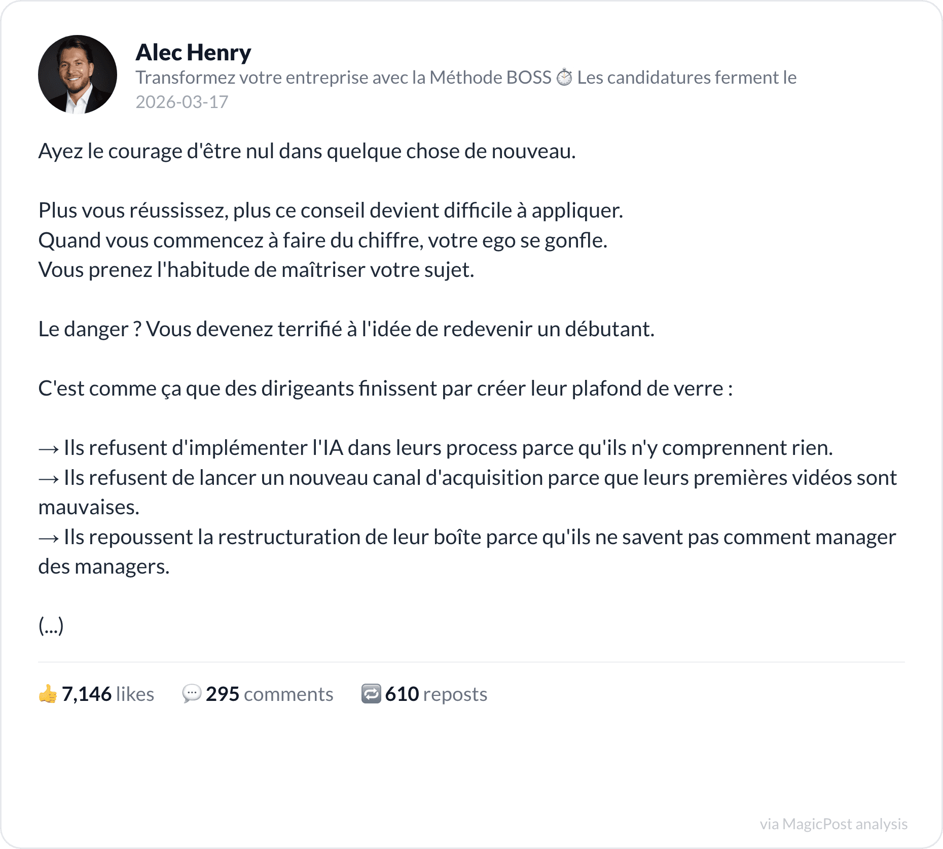 Alec Henry's top 2026 post: have the courage to be bad at something new