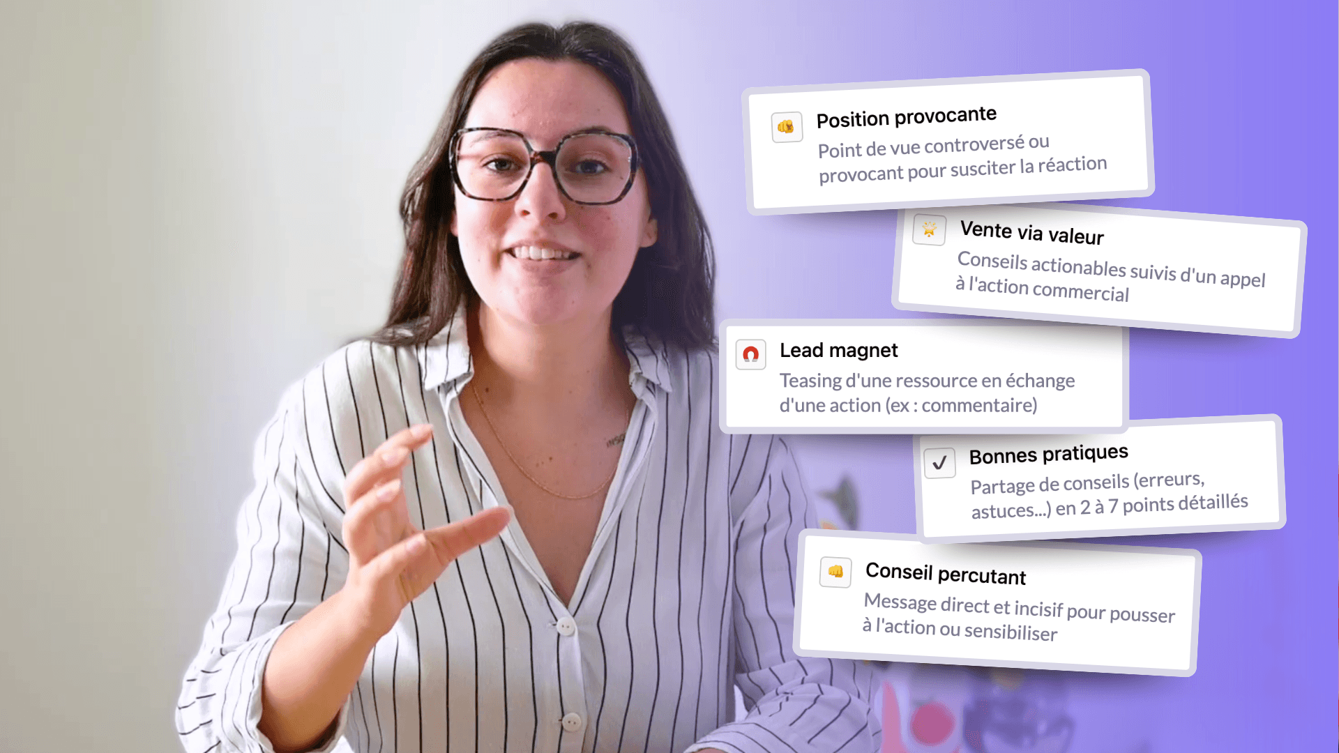 Diane à côté des catégories de contenu : position provocante, vente via valeur, lead magnet, bonnes pratiques et conseil percutant, chacune avec sa définition.