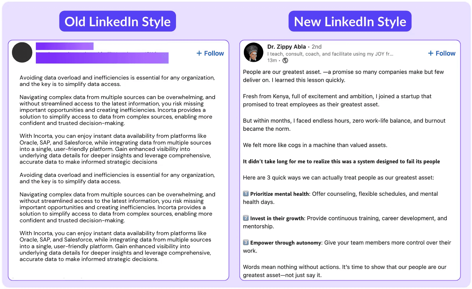 comparison of an old linkedin text style versus the new linkedin style