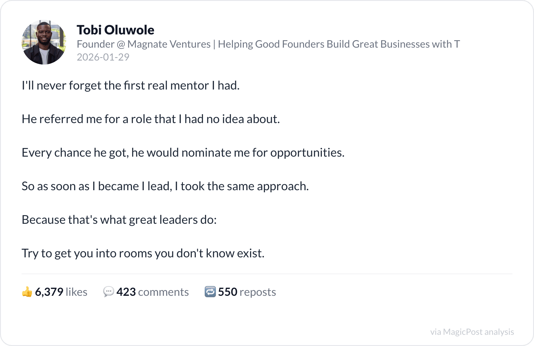 Tobi Oluwole on the first mentor who put him in rooms