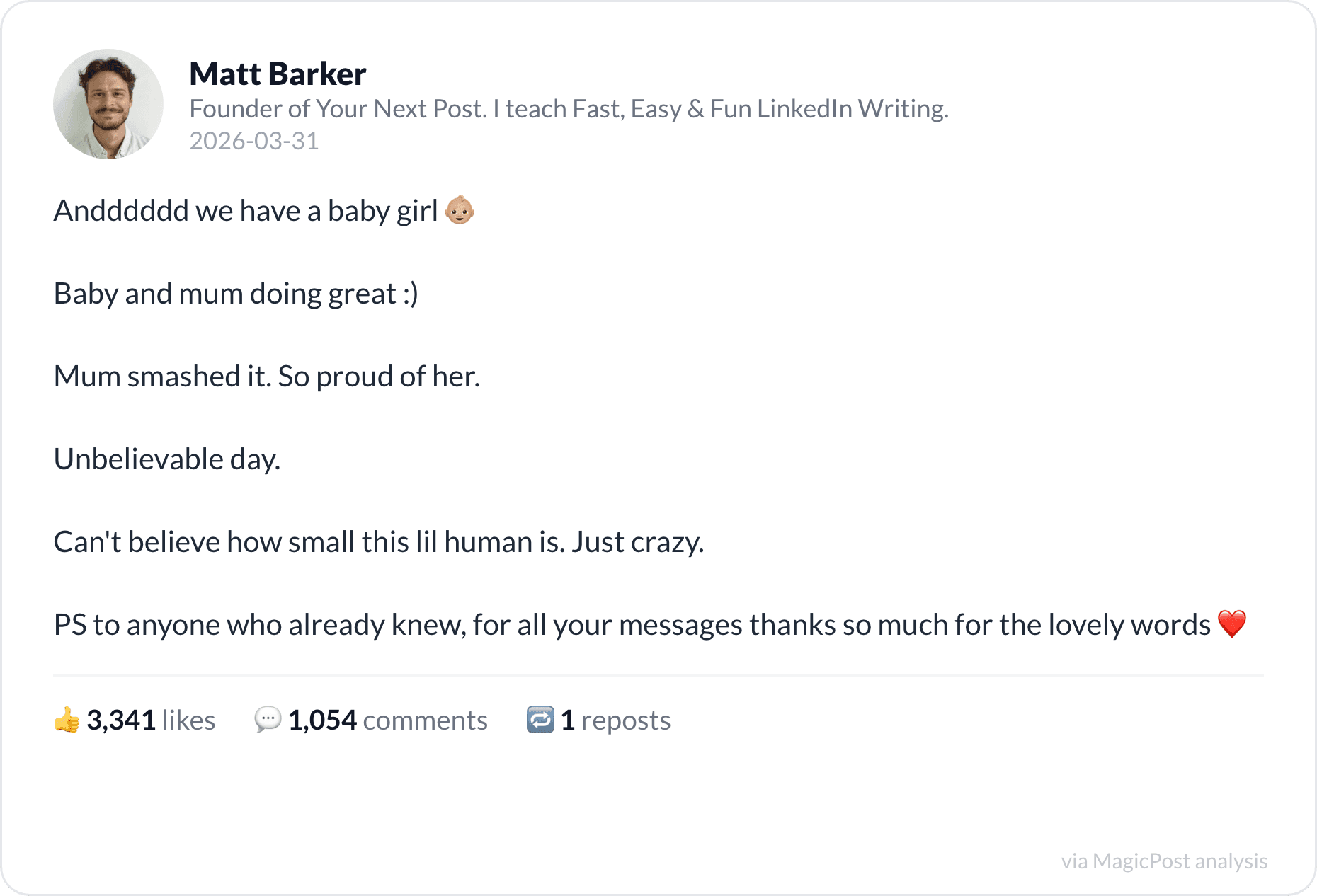 Matt Barker's top 2026 post: announcing his baby girl