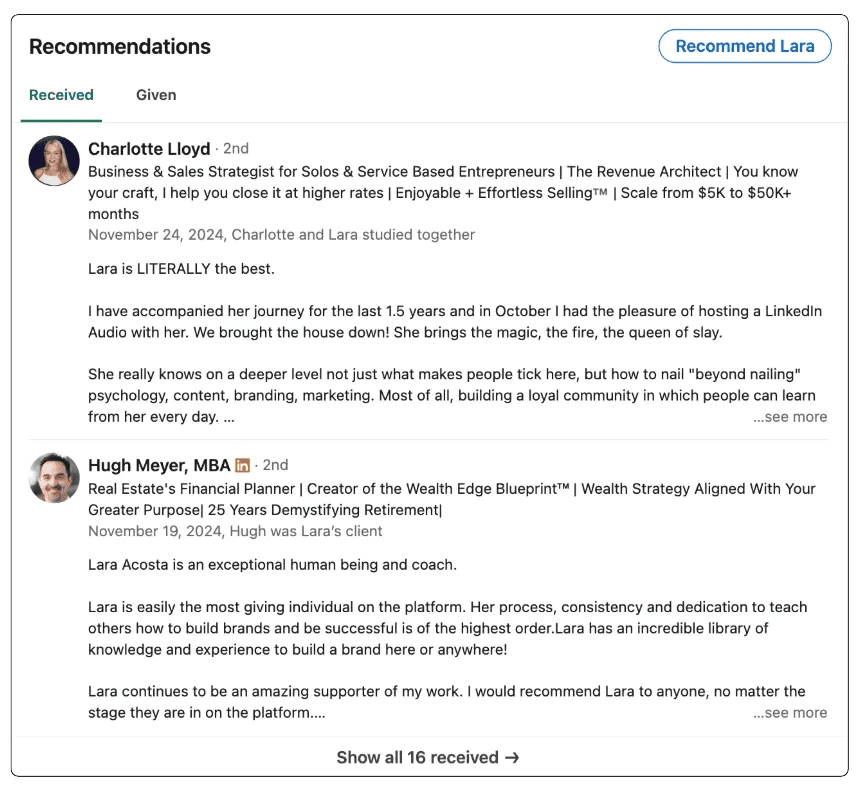 Example of LinkedIn recommendations on a profile