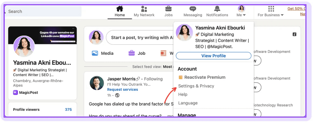 A screenshot of LinkedIn's drop down menu, with "settings and privacy" pointed at with an arrow